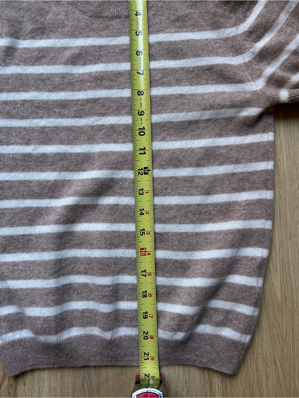 Quince Women’s Short Sleeve Stripe Cashmere Sweater - Light Brown/White - Picture 4 of 5